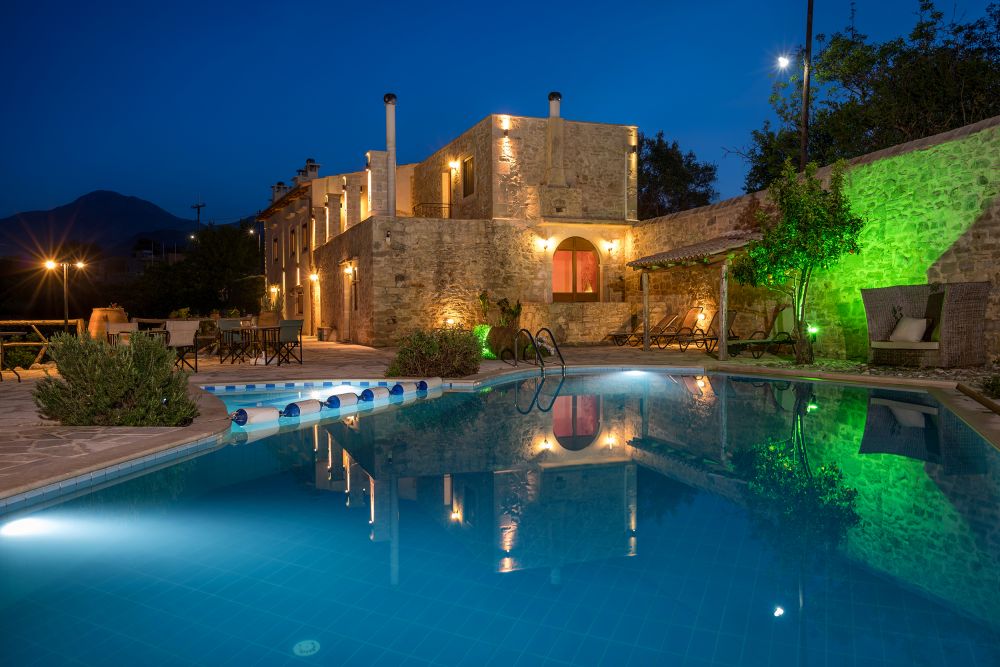 villa and pool at night